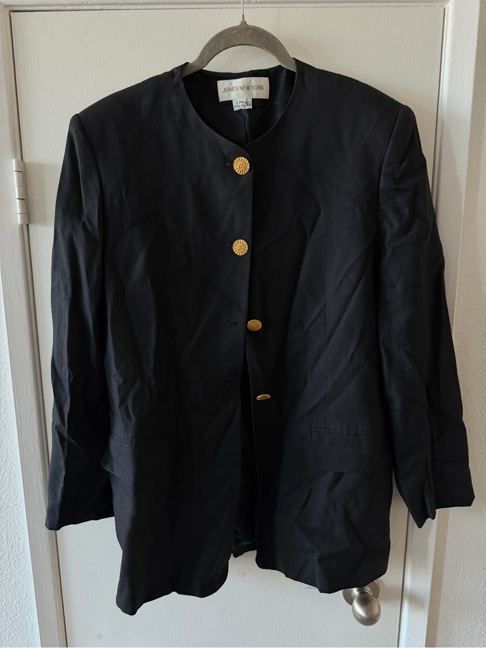 Vintage Jones New York Black Collarless Blazer Gold Button Statement Jacket